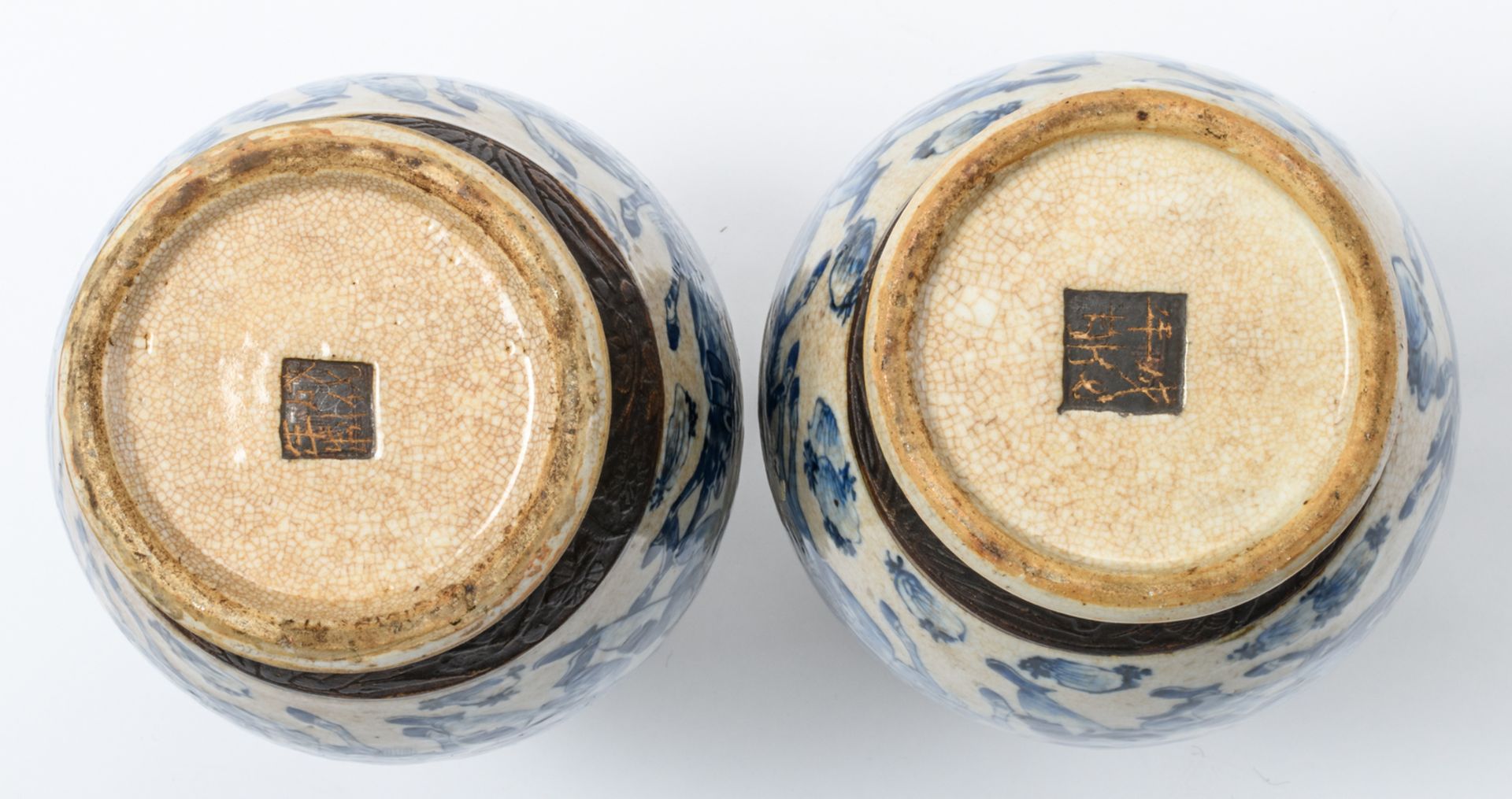 Two Chinese baluster shaped stoneware vases, blue and white decorated with warriors, marked, about - Image 6 of 6