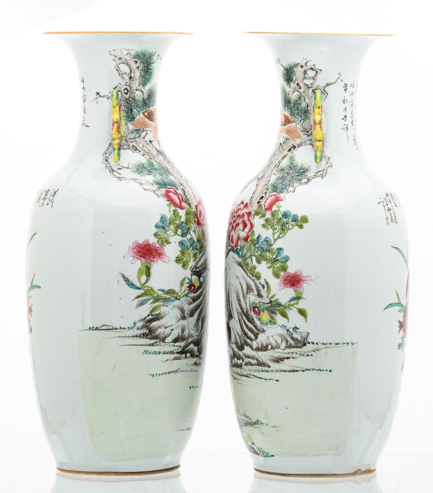 A pair of Chinese famille rose and polychrome decorated vases, one side with a rooster, a bird of - Image 2 of 6