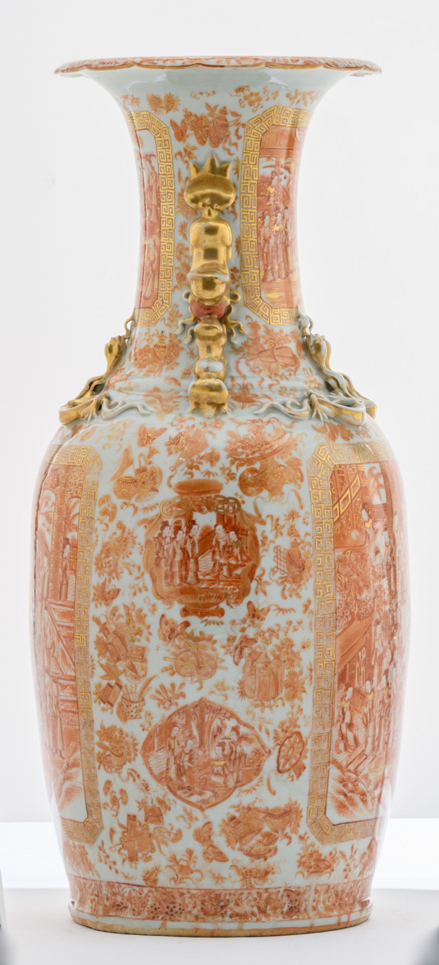 An exceptional Chinese iron red gilt decorated vase with various court scenes, the handles Fu lion - Image 2 of 6