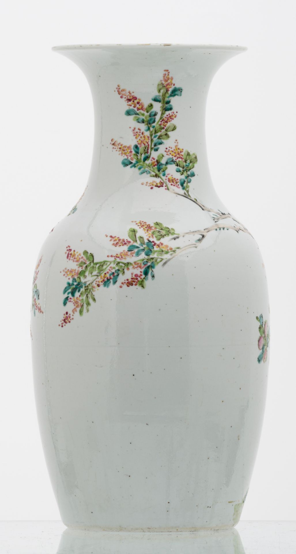 A Chinese polychrome decorated vase with a bird on a flower branch, H 44 cm - Image 3 of 7