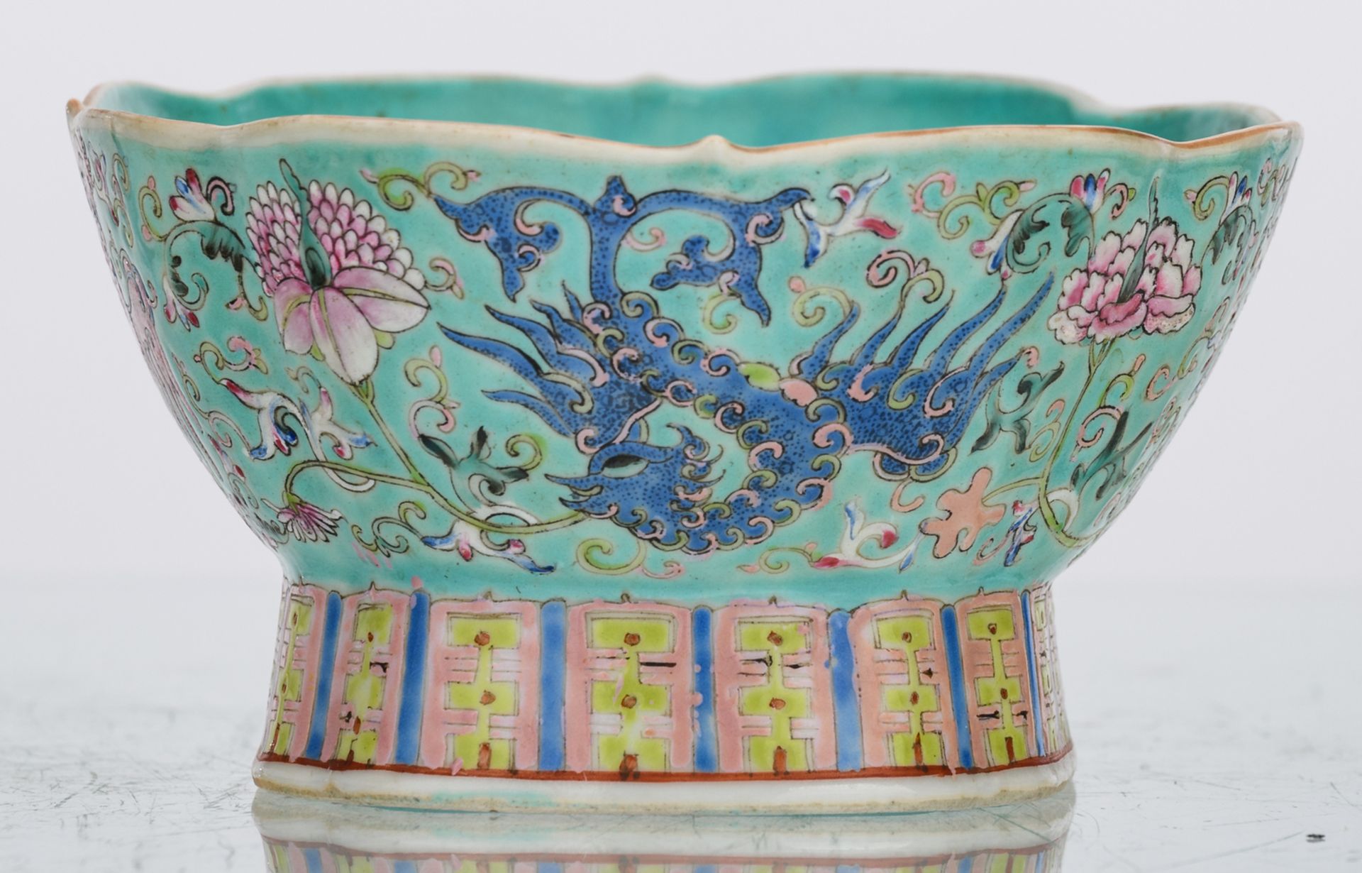 A Chinese oval lobed turquoise ground footed bowl, floral decorated with phoenix, H 10 - W 24,5 - - Image 3 of 7