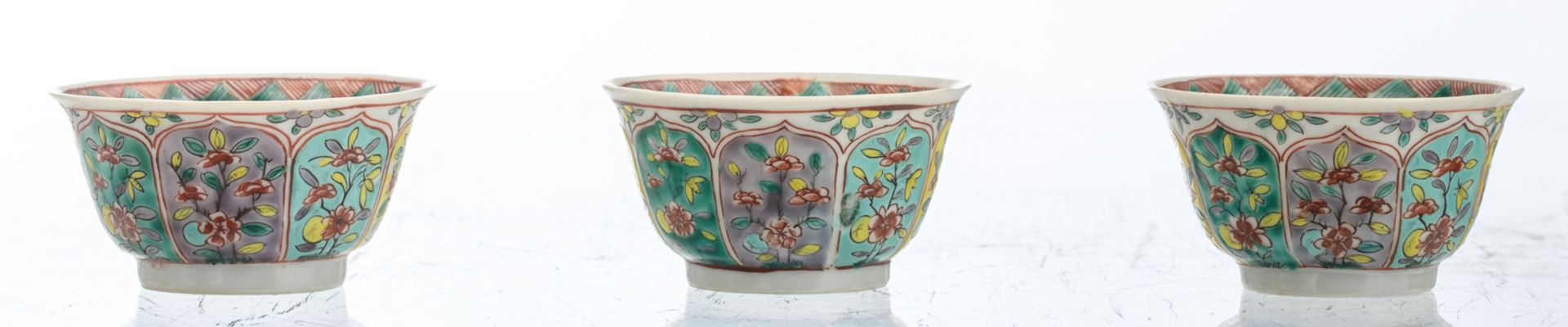Six Chinese polychrome floral decorated cups and saucers, 18thC, H 2 - 5 cm - Image 9 of 9