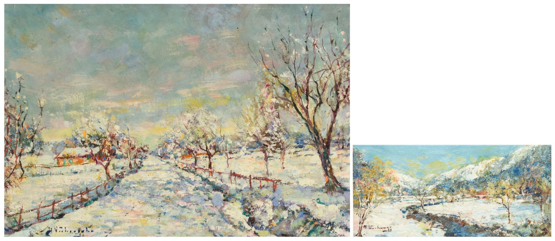 Verbrugghe C., 'Paysage D'Hyver' and a winter landscape, oil on board, 15 x 31 and 37,5 x 54,5 cm
