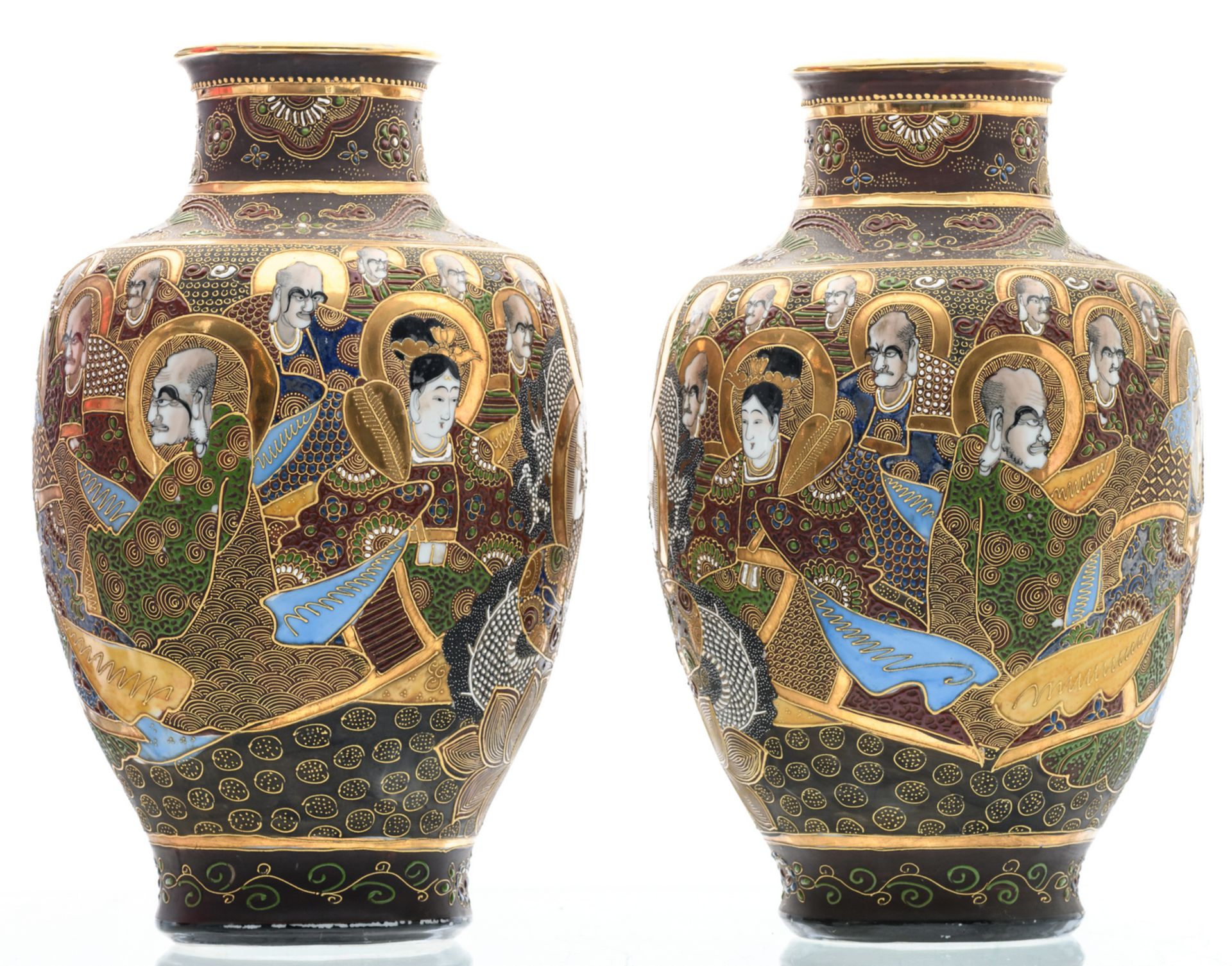 Two Japanese baluster shaped Satsuma vases, overall decorated with various deities, marked, Meiji - Bild 2 aus 6