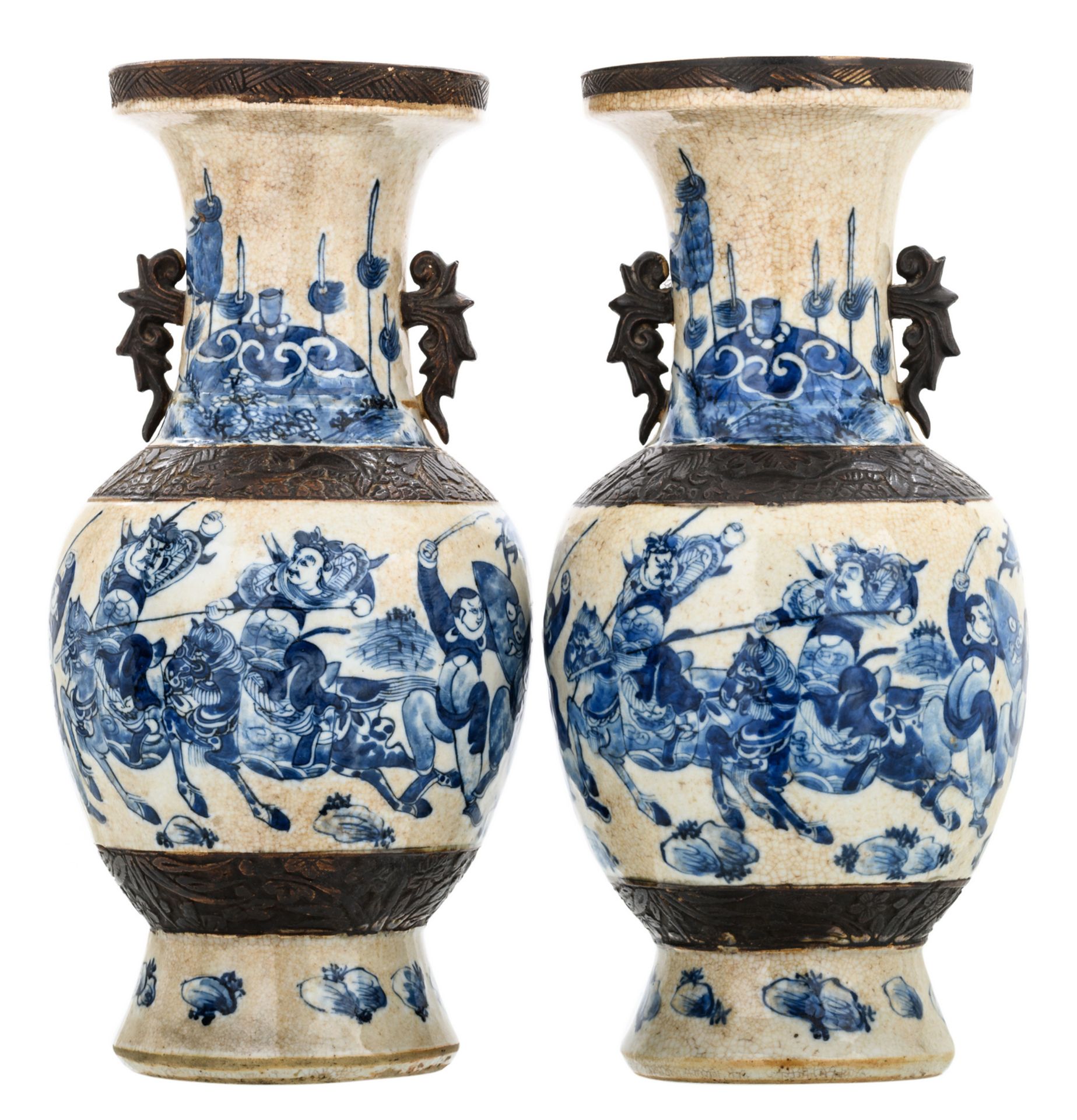 Two Chinese baluster shaped stoneware vases, blue and white decorated with warriors, marked, about