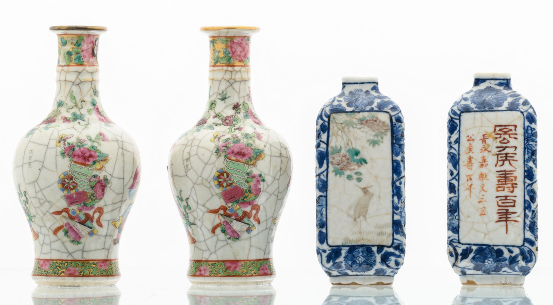 Two Chinese crackleware famille rose baluster shaped vases decorated with figures, flower branches - Image 2 of 6