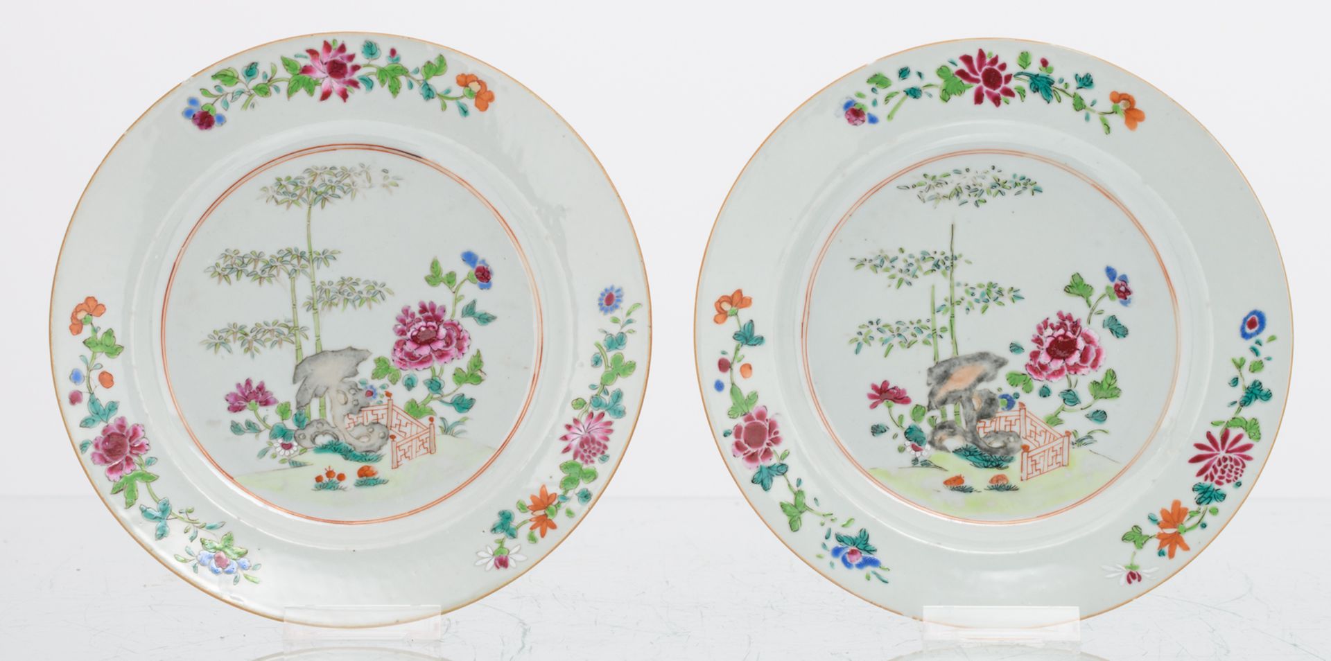 A Chinese octagonal blue and white and sur décoré plate depicting a garden scene, 18thC; added two - Image 2 of 6