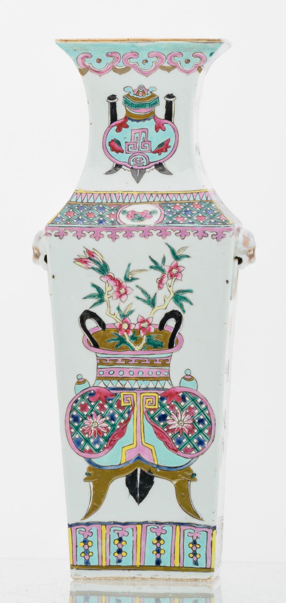 A Chinese famille rose quadrangular vase, decorated with flower vases and calligraphic texts, 19thC, - Image 3 of 6