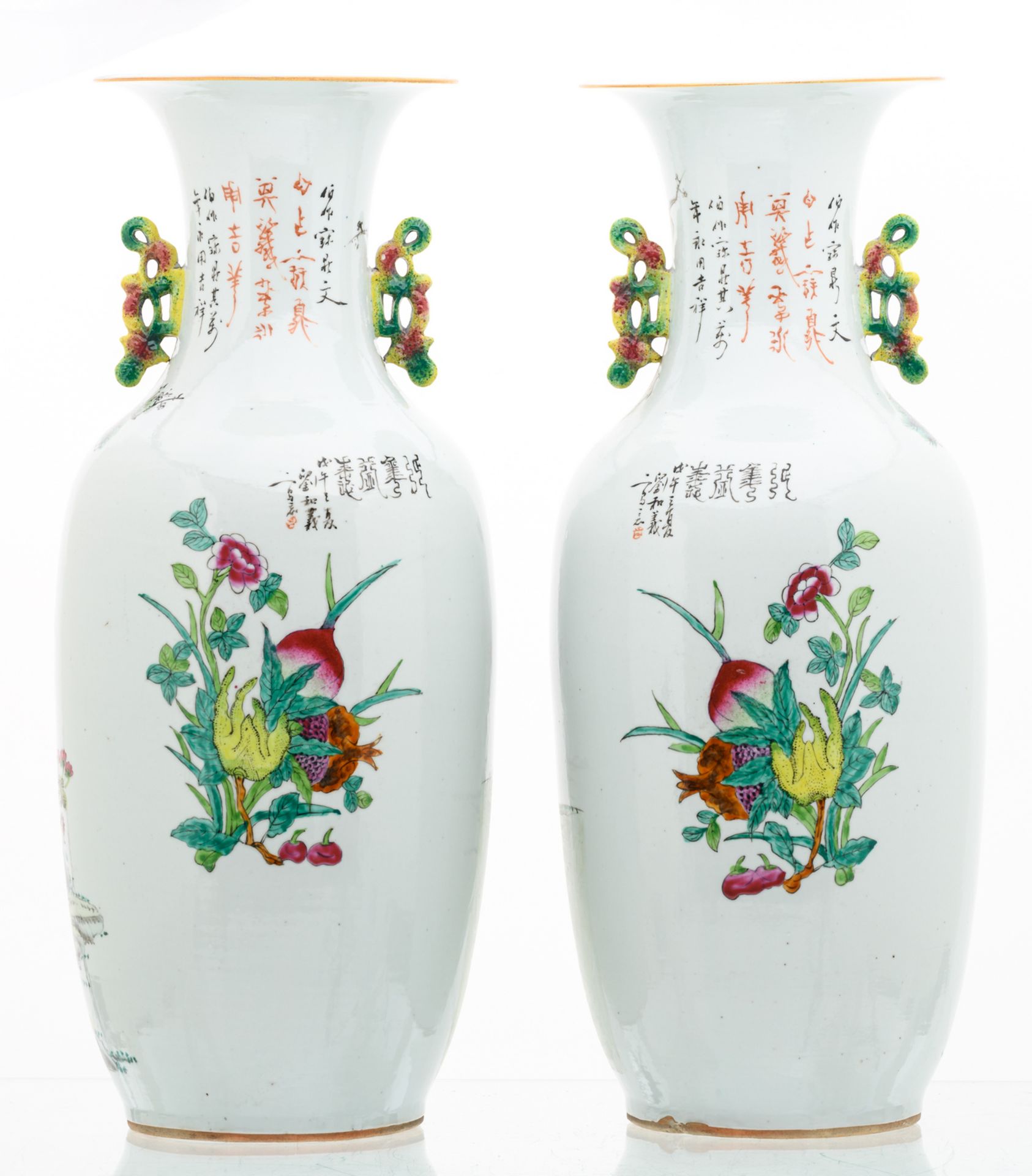 A pair of Chinese famille rose and polychrome decorated vases, one side with a rooster, a bird of - Image 3 of 6