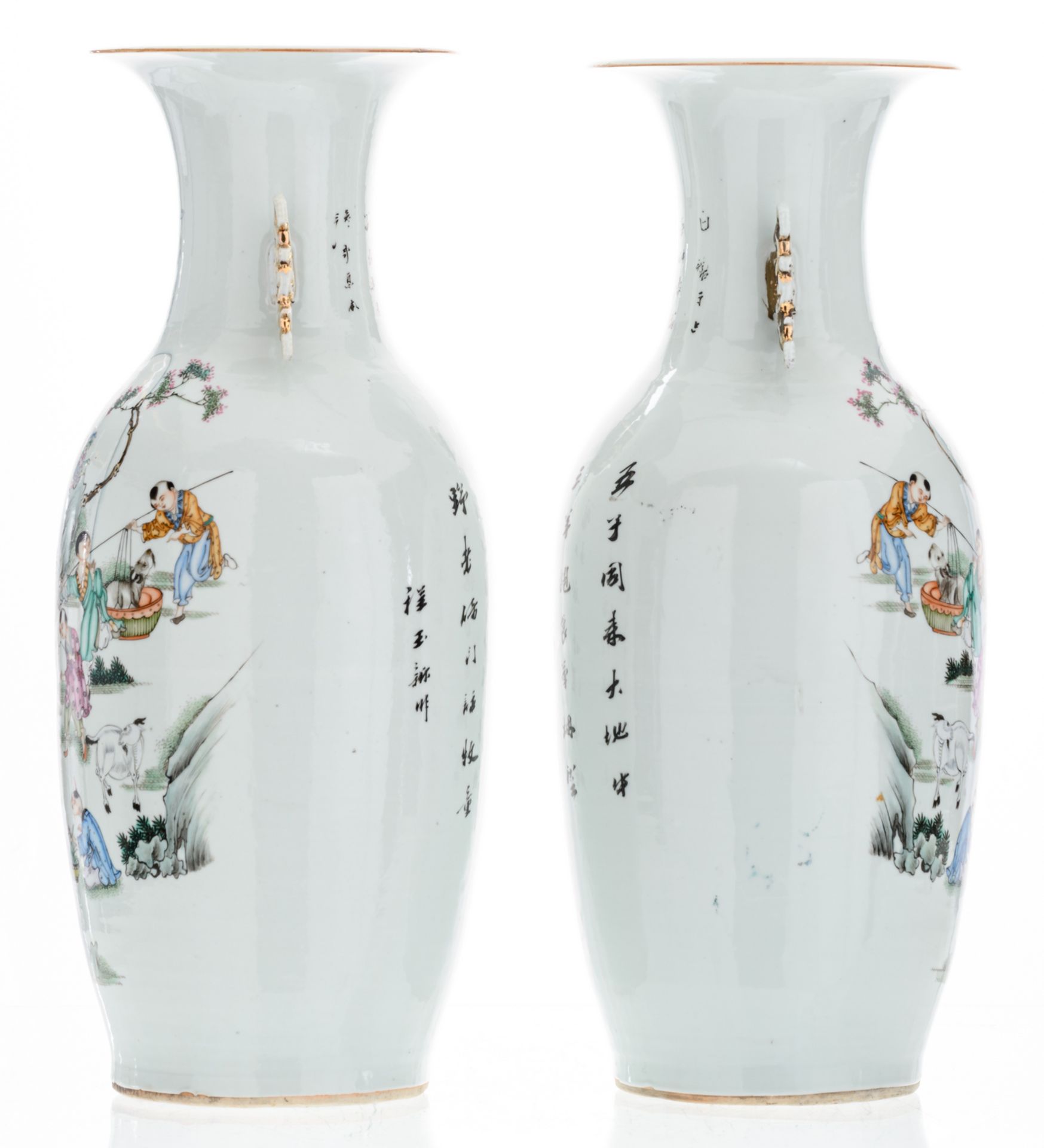 A pair of Chinese polychrome decorated vases with goats, boys playing in a garden and calligraphic - Image 4 of 6