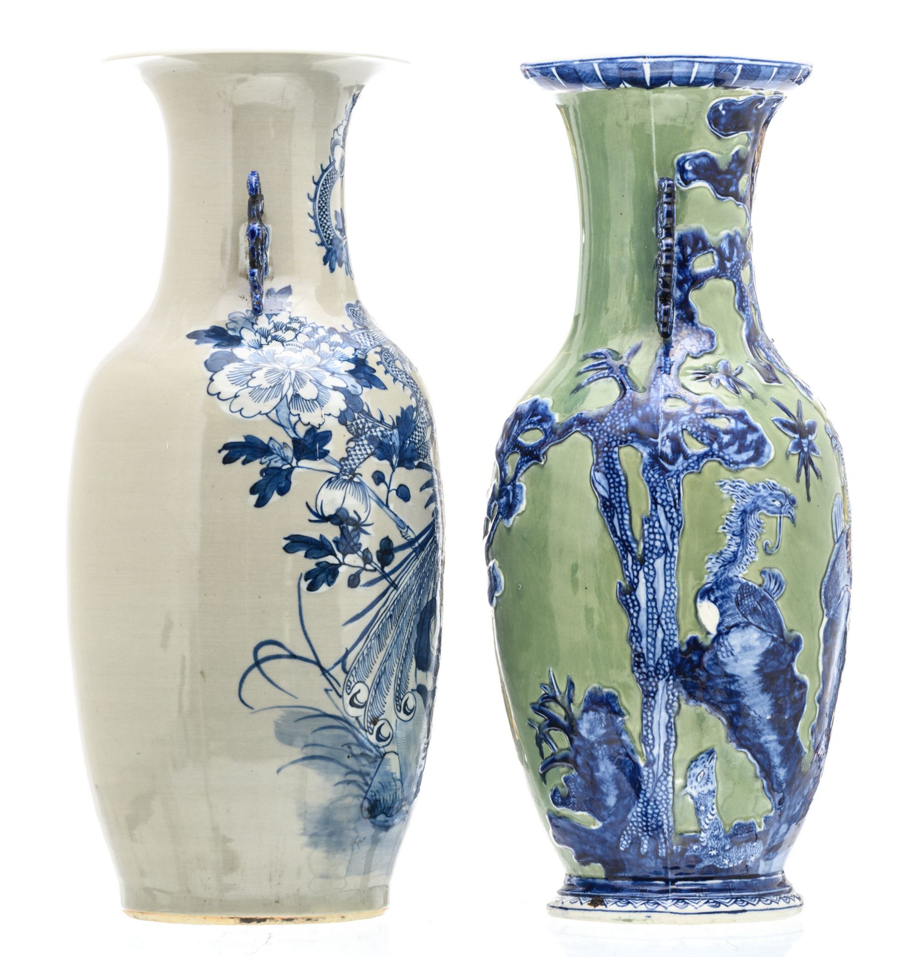 A Chinese grey celadon ground blue and white floral decorated vase with a phoenix and a dragon; - Image 4 of 6
