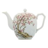 A Chinese famille rose teapot and cover, decorated with cherry blossoms and a calligraphic text,