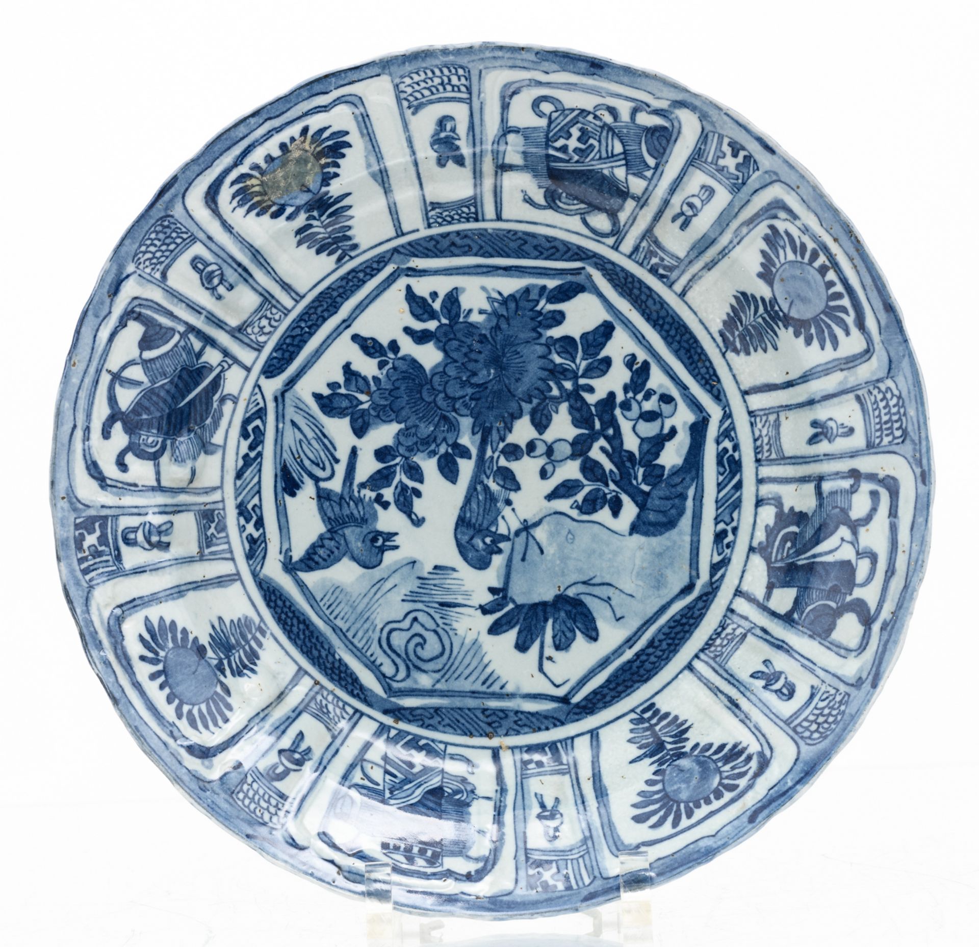 A Chinese blue and white and famille rose floral decorated dish, 18thC; added a ditto blue and white - Image 3 of 13