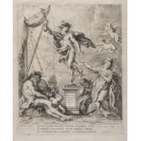 A 17thC engraving after Rubens depicting an allegorical representation of Antwerp, the trade and the