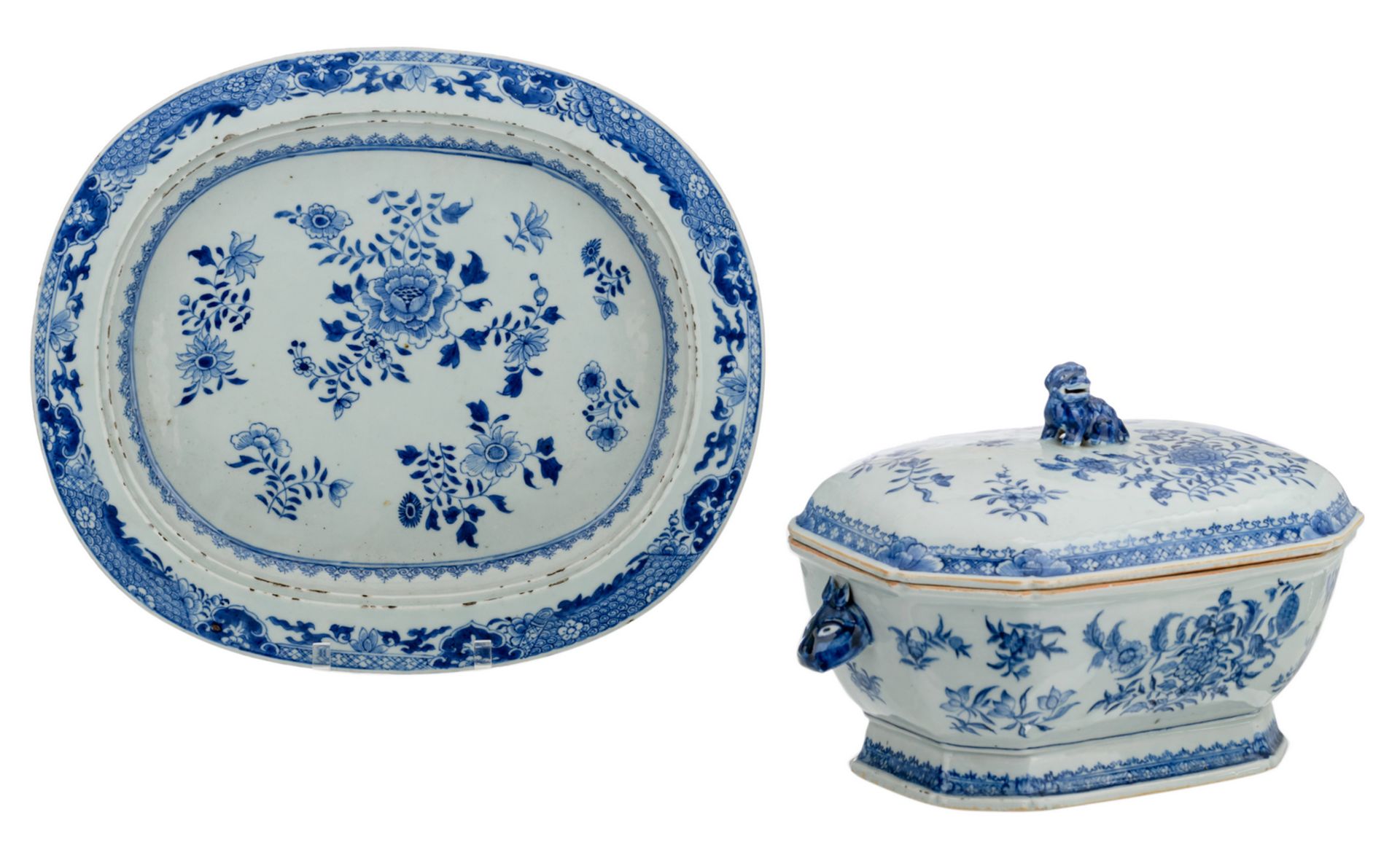 A Chinese blue and white floral decorated export porcelain octagonal tureen on a matching oval