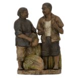 A Chinese polychrome stoneware partially glazed group depicting a peasant and his wife, marked, H 38