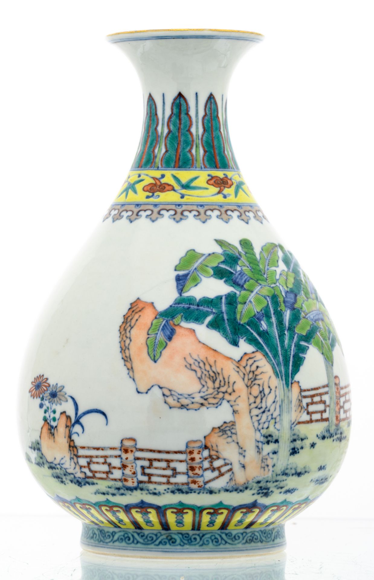 A Chinese doucai overall decorated pear shaped vase with various plants amid rockwork in the garden, - Image 4 of 7