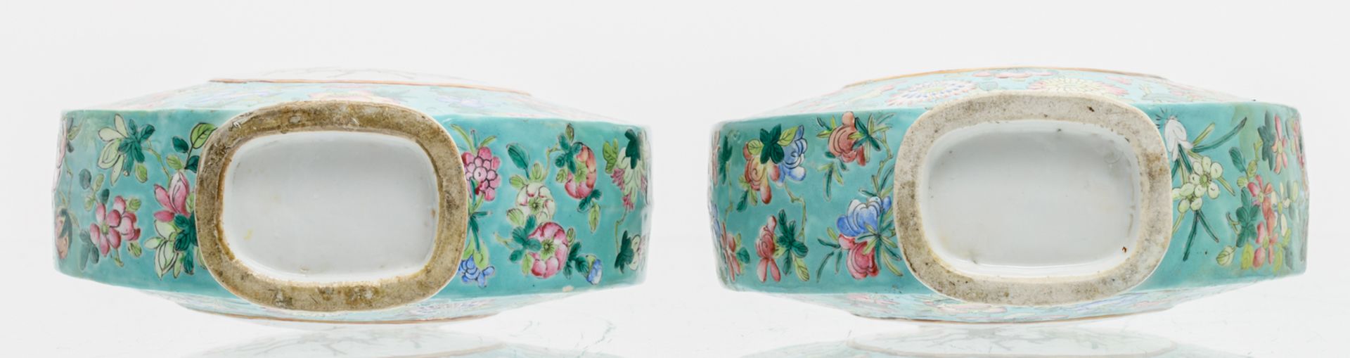 Two Chinese turquoise ground famille rose floral decorated moon flasks, the roundels with auspicious - Image 6 of 6