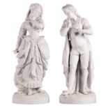 An elegant presumably French biscuit couple, third quarter of the 19thC, H 70,5 cm