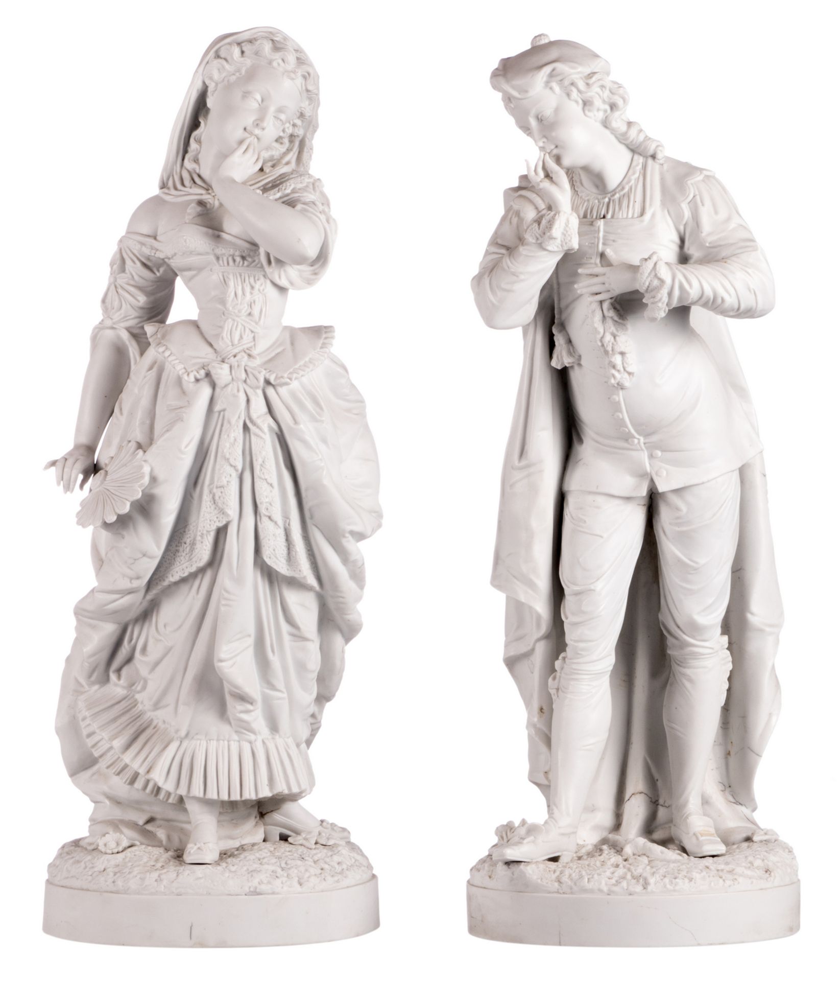 An elegant presumably French biscuit couple, third quarter of the 19thC, H 70,5 cm