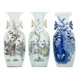 Two Chinese polychrome decorated vases with a gallant garden scene and calligraphic texts; added a