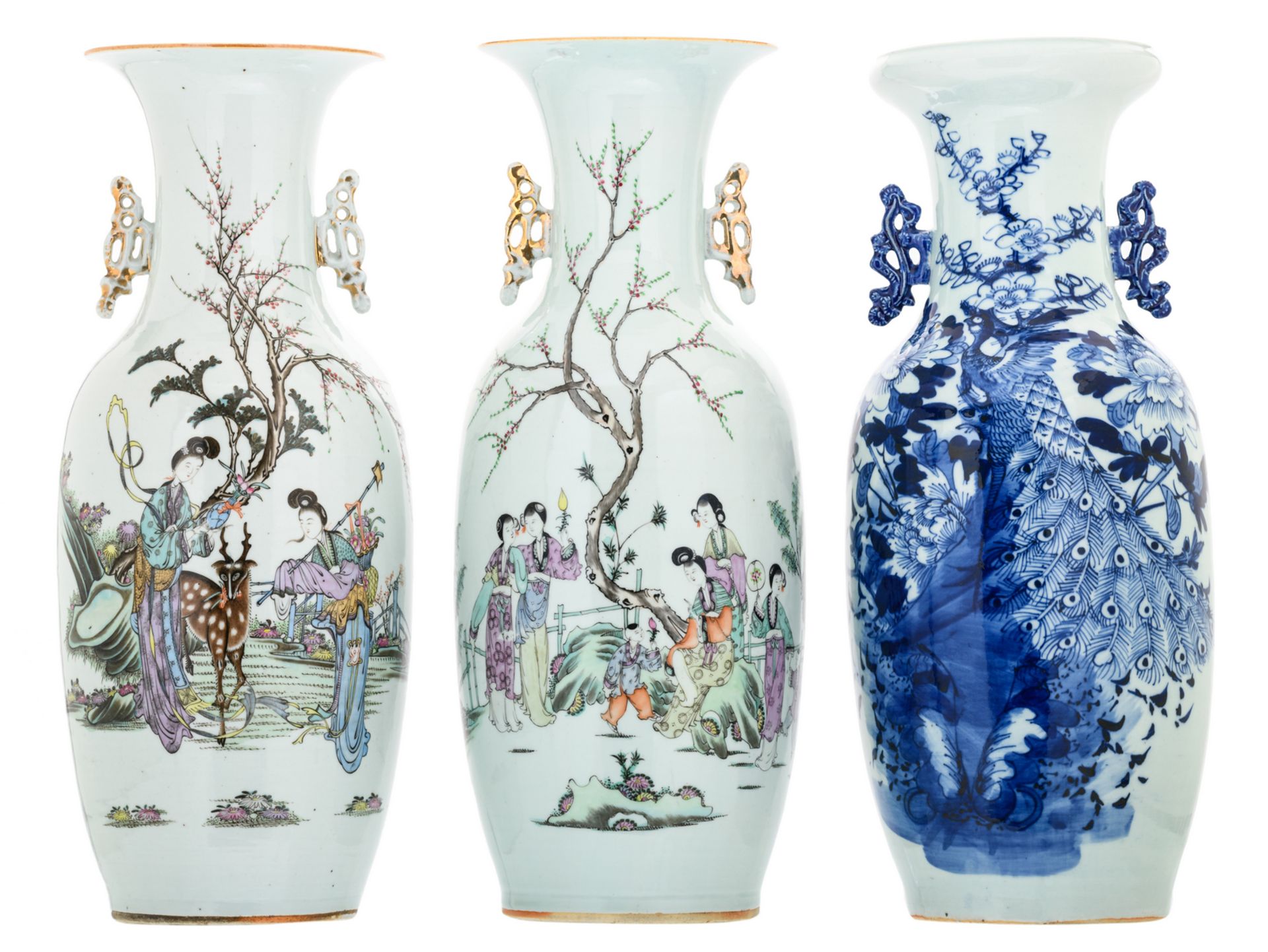 Two Chinese polychrome decorated vases with a gallant garden scene and calligraphic texts; added a