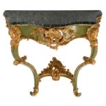 An Italian Rococo style polychrome and gilt decorated wooden console with a vert de mer marble
