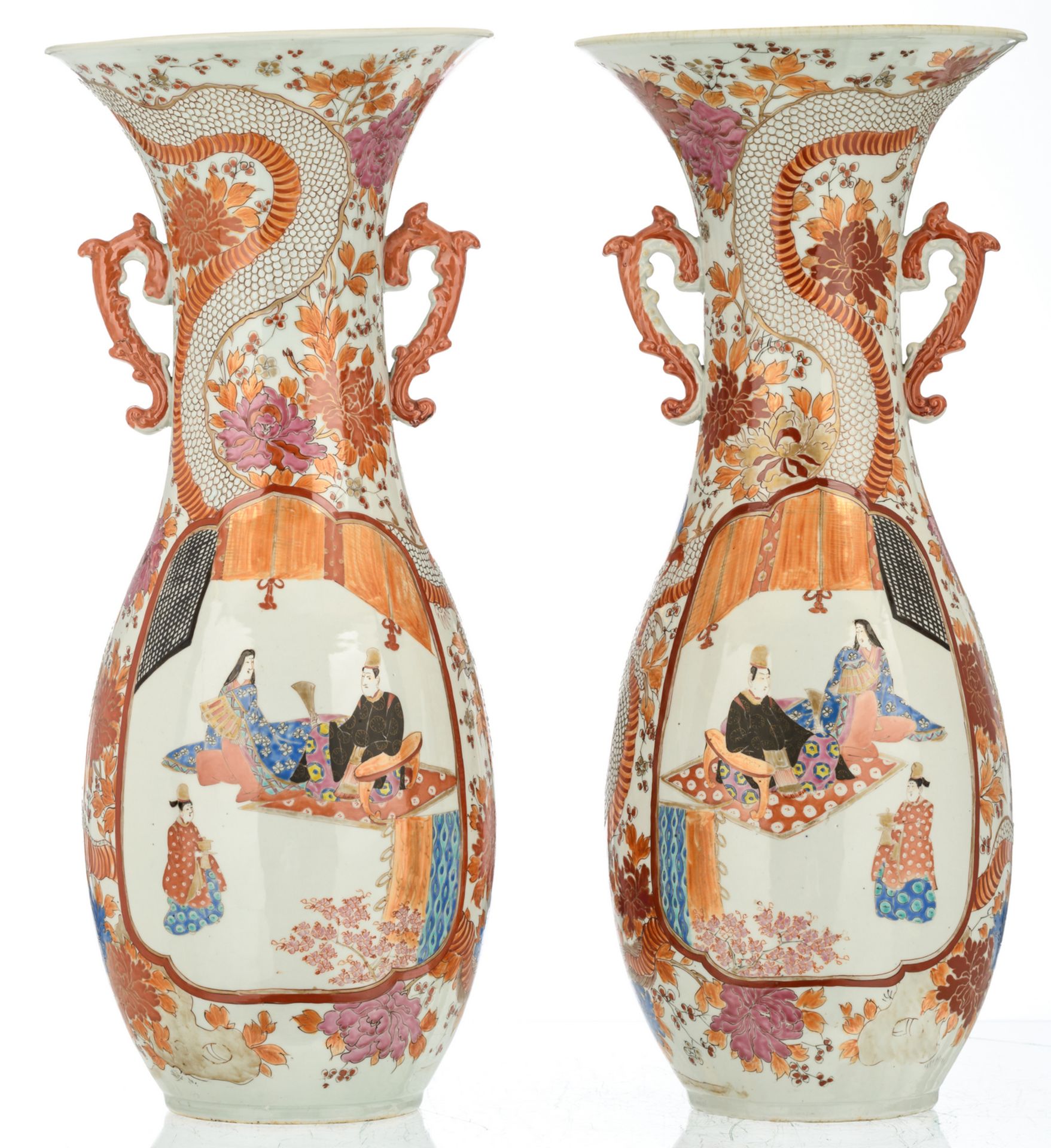 A pair of Japanese polychrome floral and dragon relief decorated vases, the roundels with figures, - Image 3 of 6