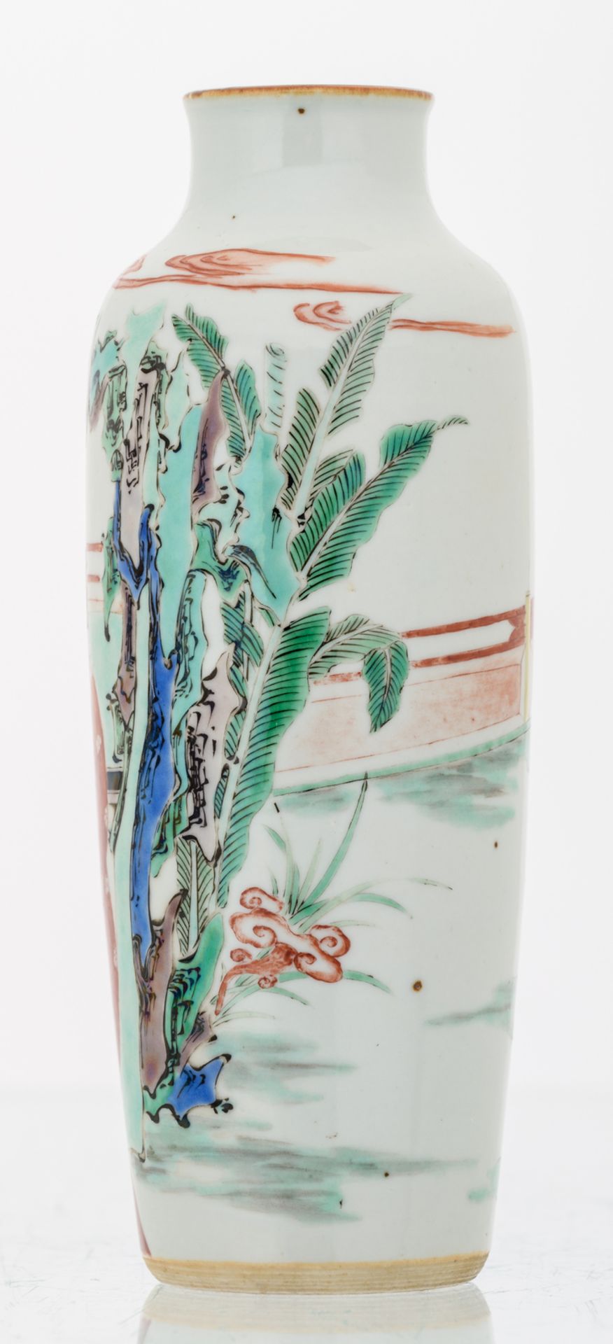 A Chinese famille verte cylindrical vase, overall decorated with a garden scene, H 22 cm - Image 2 of 6