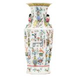 A Chinese famille rose hexagonal vase, relief decorated with antiquities and flower branches,