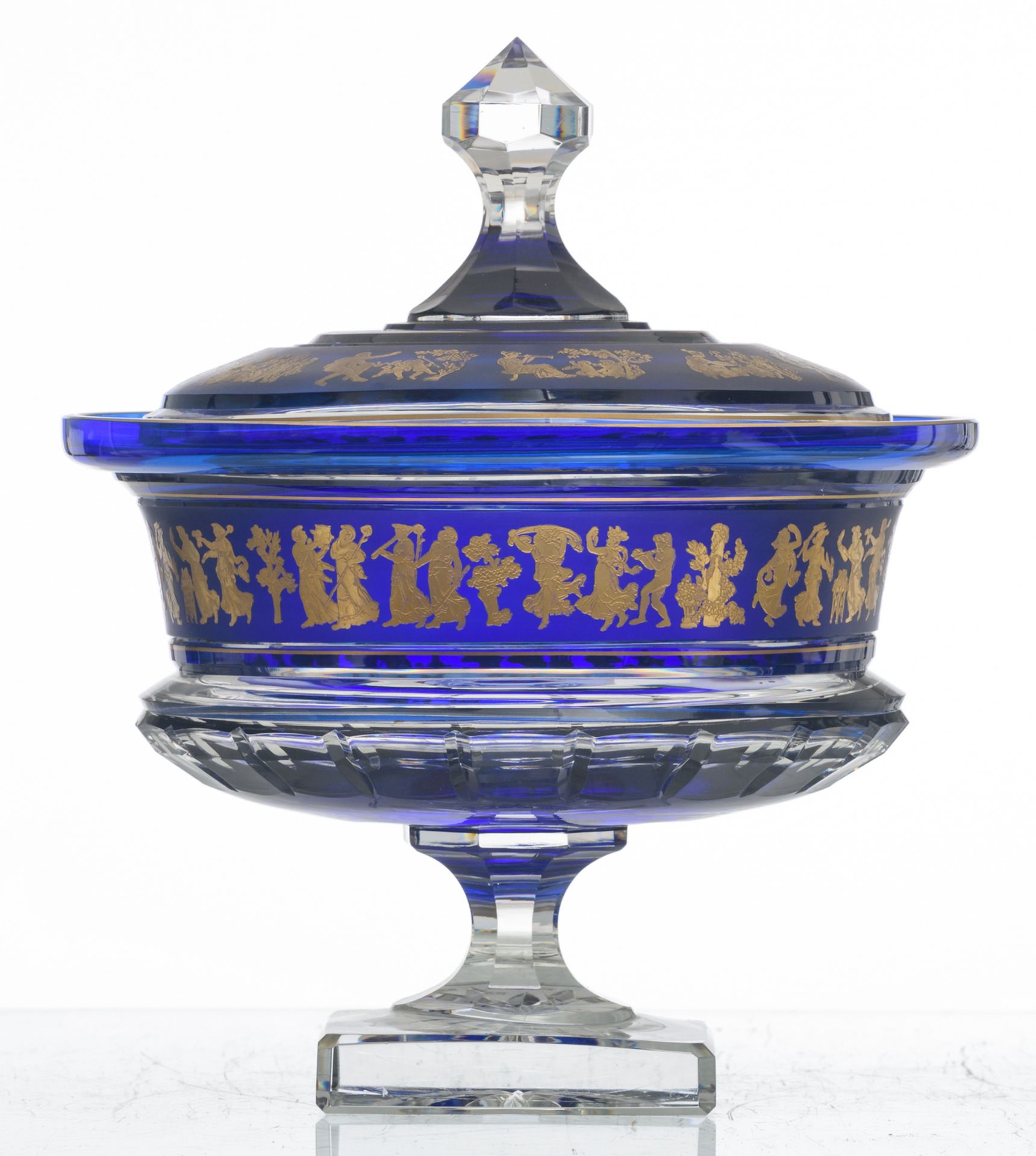 A decorative blue overlay Val-Saint-Lambert crystal cut bowl and cover on foot, relief decorated - Image 2 of 6