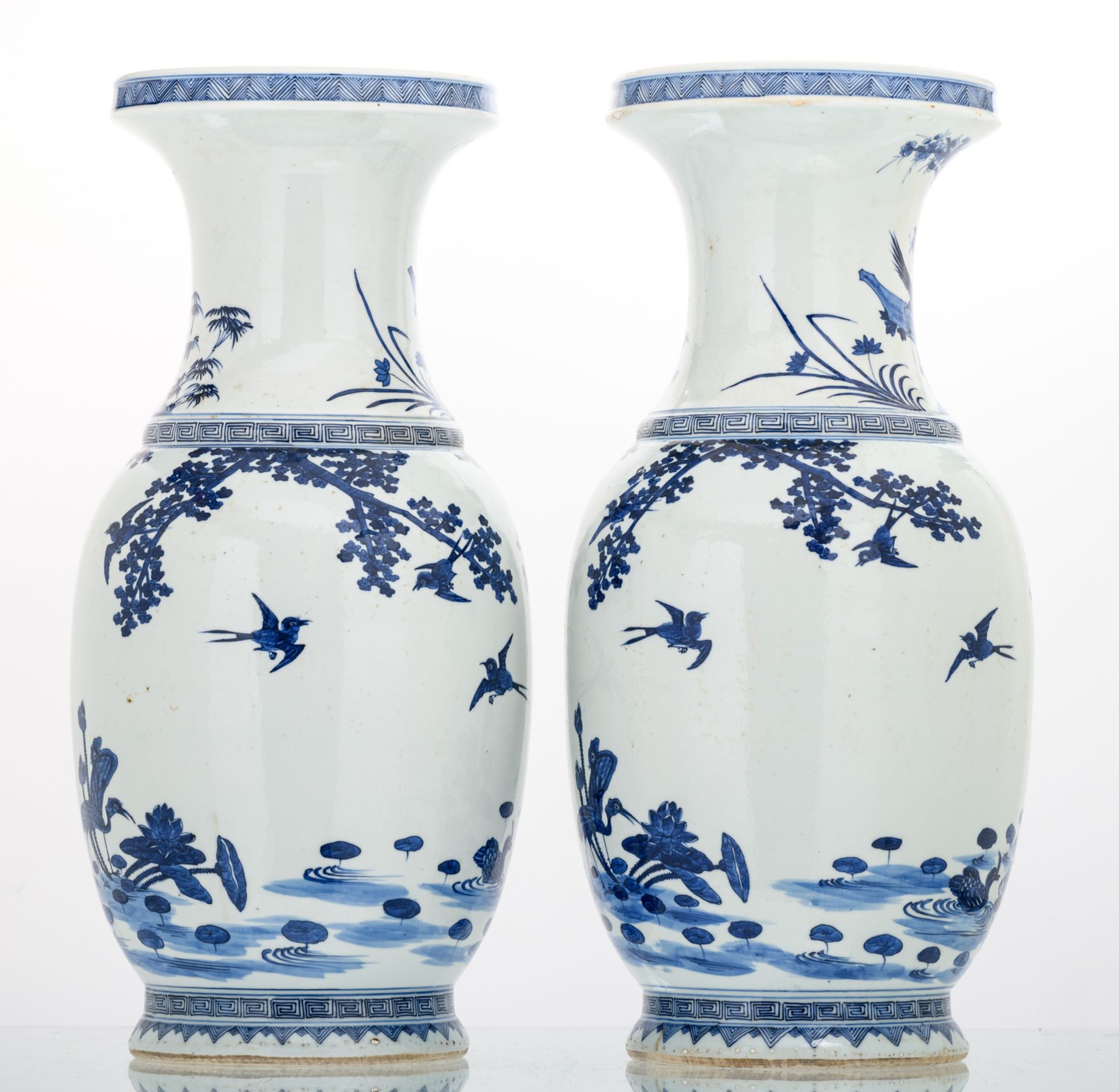 Two Chinese blue and white decorated vases with rocks, phoenix, birds and flower branches, H 65,5 - Image 3 of 6