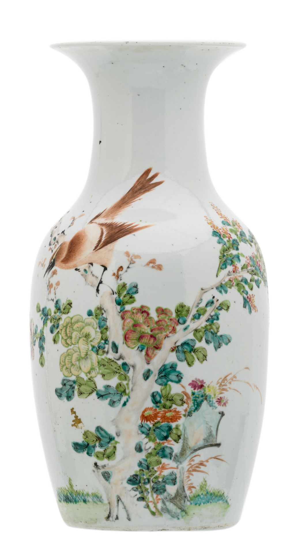 A Chinese polychrome decorated vase with a bird on a flower branch, H 44 cm