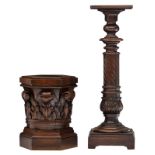 Two rustic wooden pedestals, H 53 - 106 cm