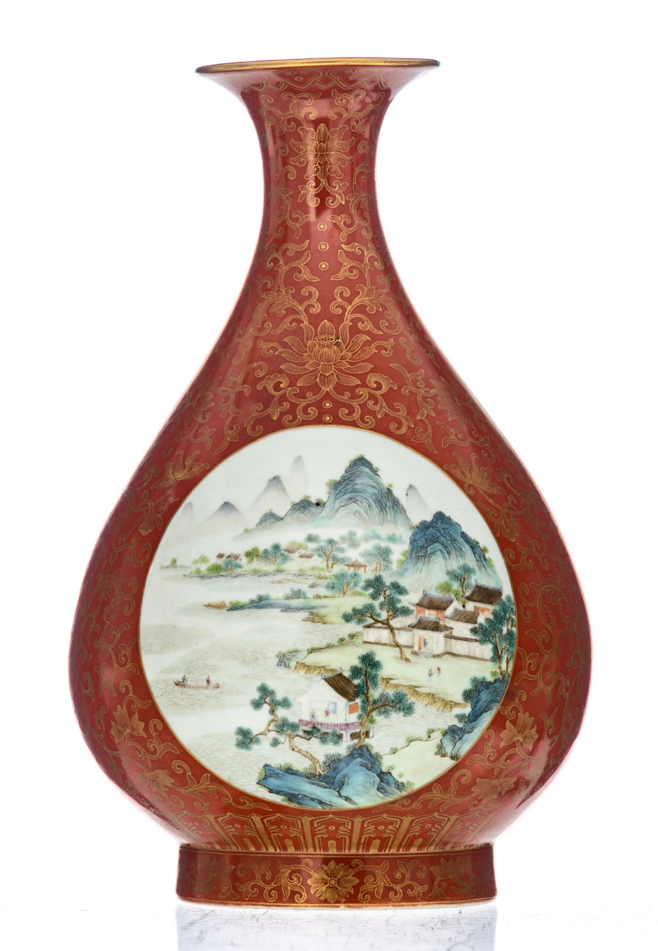 A Chinese kinrande decorated pear shaped vase, the roundels famille rose with a scholar in a - Image 3 of 6