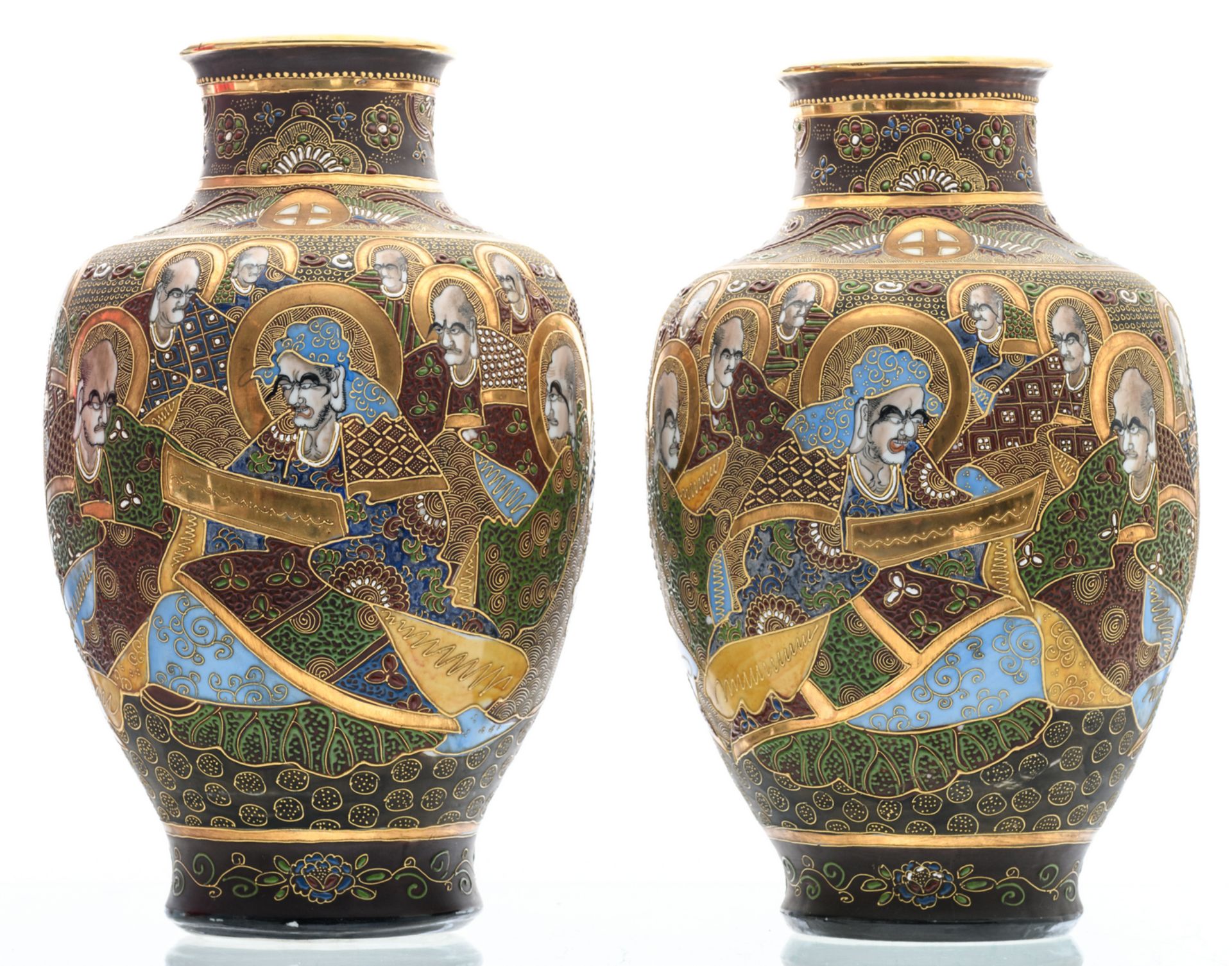 Two Japanese baluster shaped Satsuma vases, overall decorated with various deities, marked, Meiji - Image 3 of 6