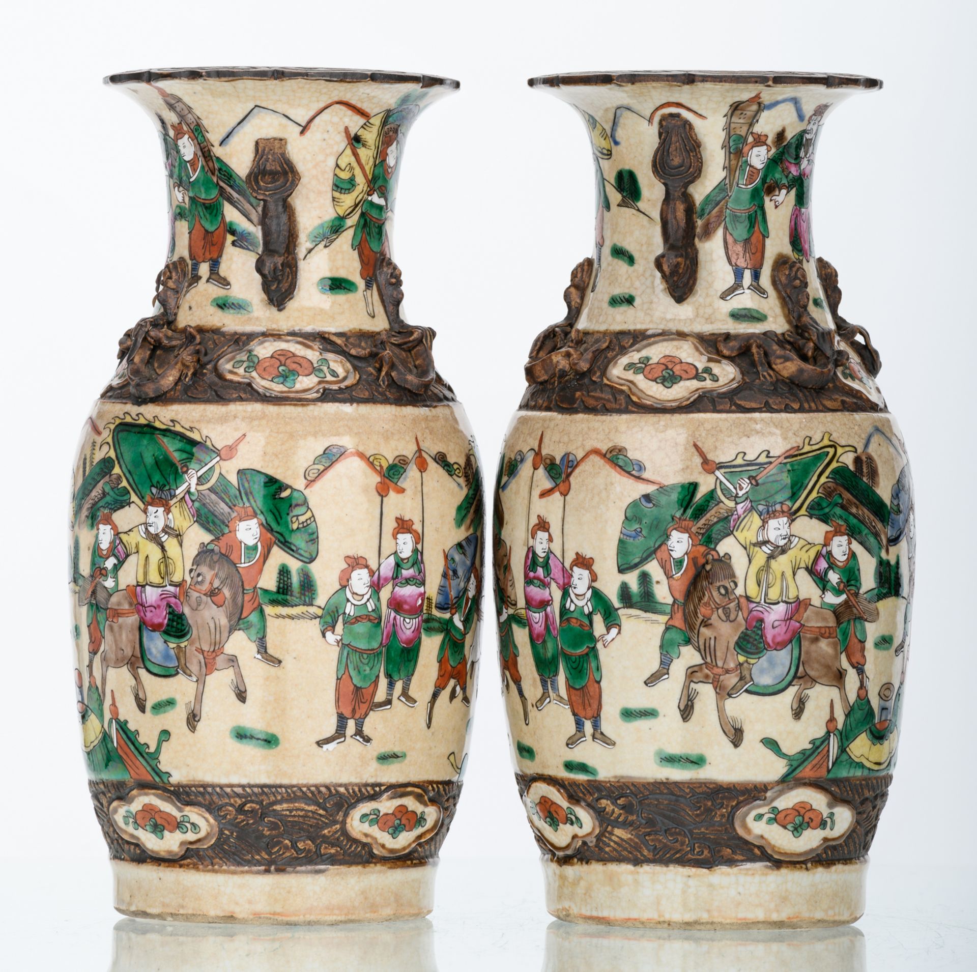 A pair of Chinese stoneware vases, overall polychrome decorated with warriors, marked, about 1900, H - Image 2 of 6