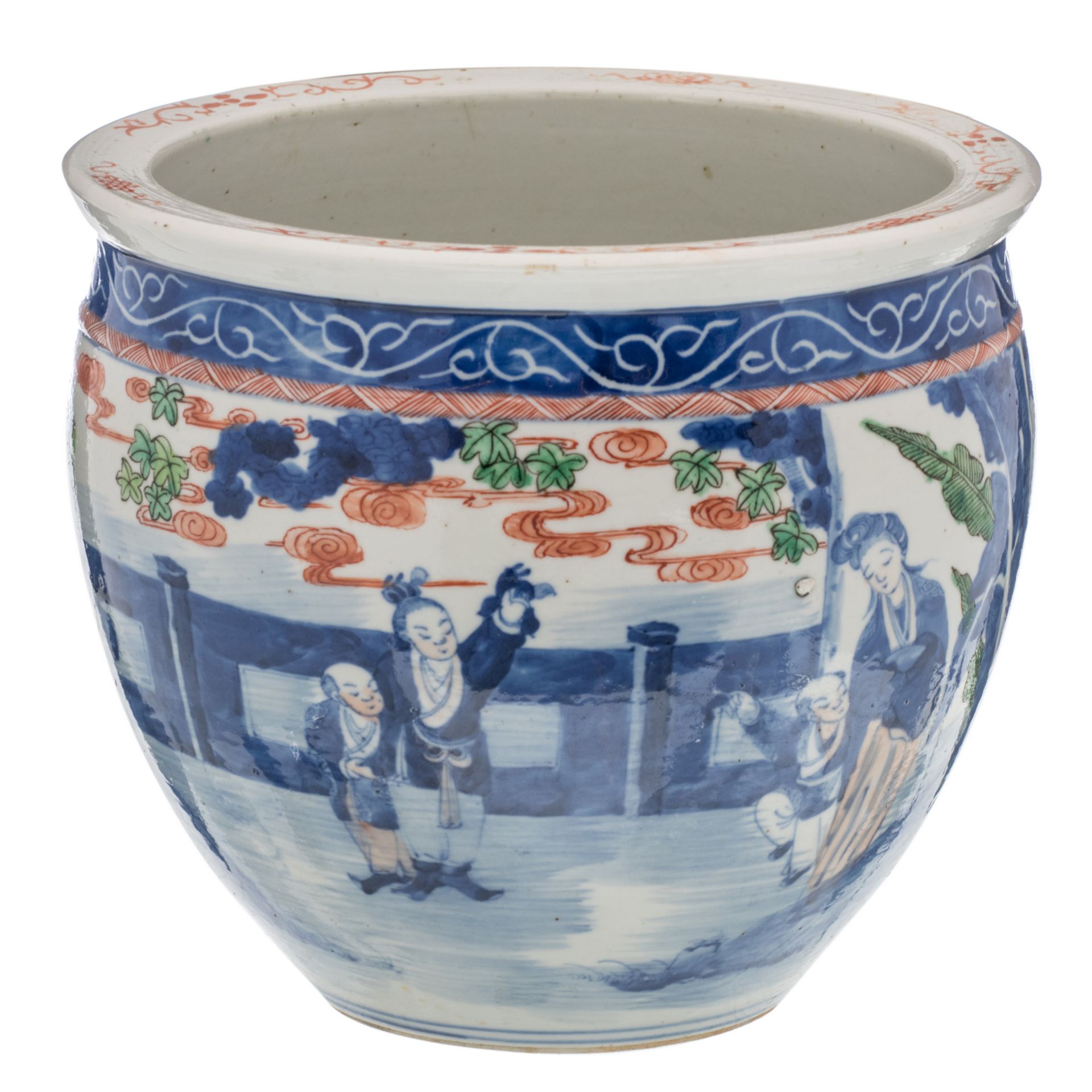 A Chinese blue and white and polychrome decorated jardiniere with bats and figures in a garden, H 23