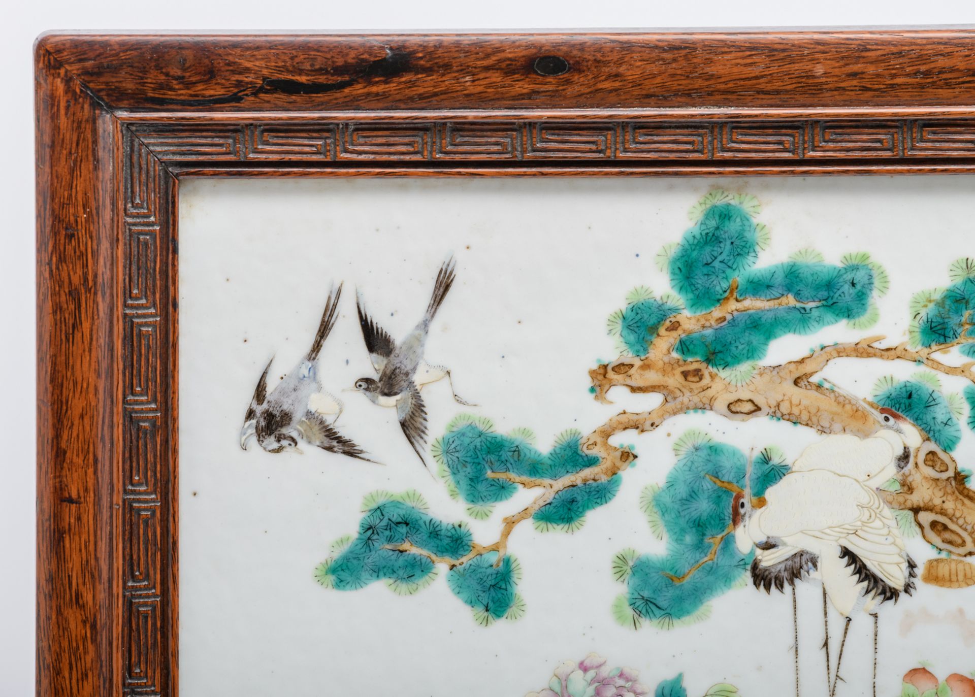 A fine Chinese hardwood table screen, the famille rose plaque decorated with horses, deers, - Image 10 of 10