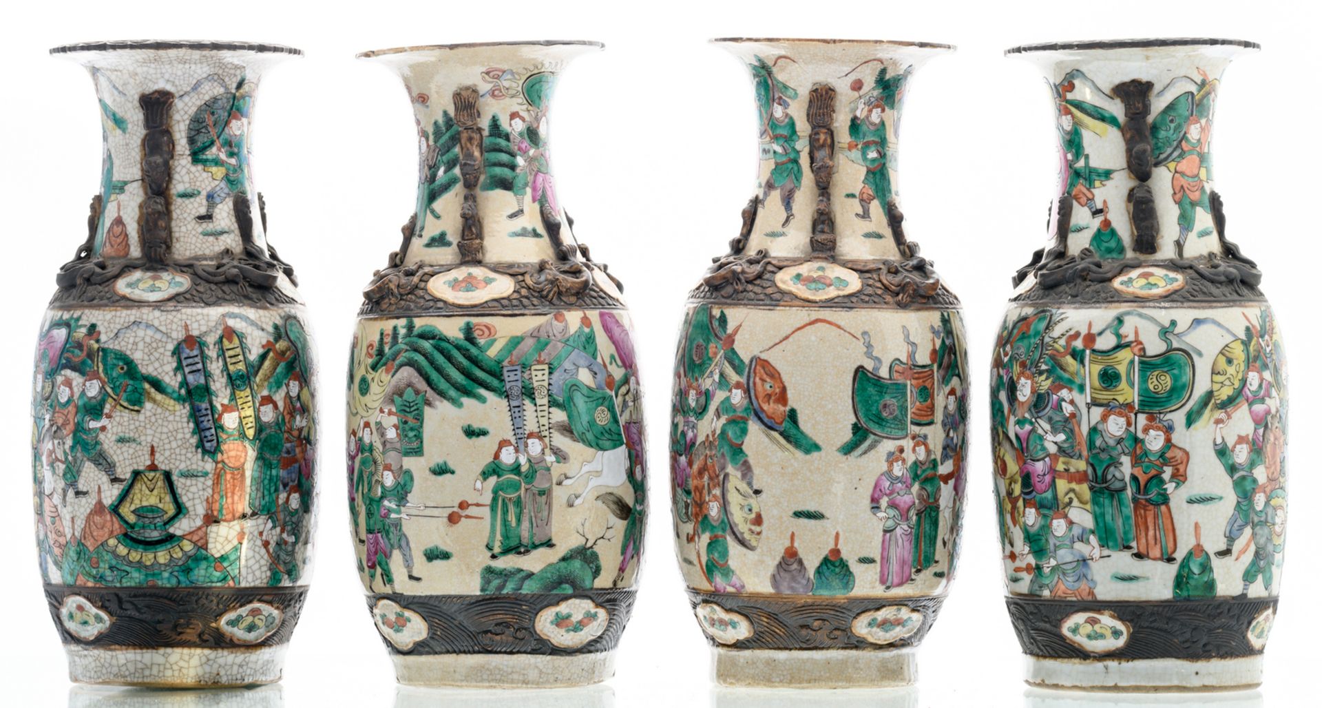 A pair of Chinese polychrome decorated stoneware vases with a battle scene, marked, about 1900; - Image 4 of 8