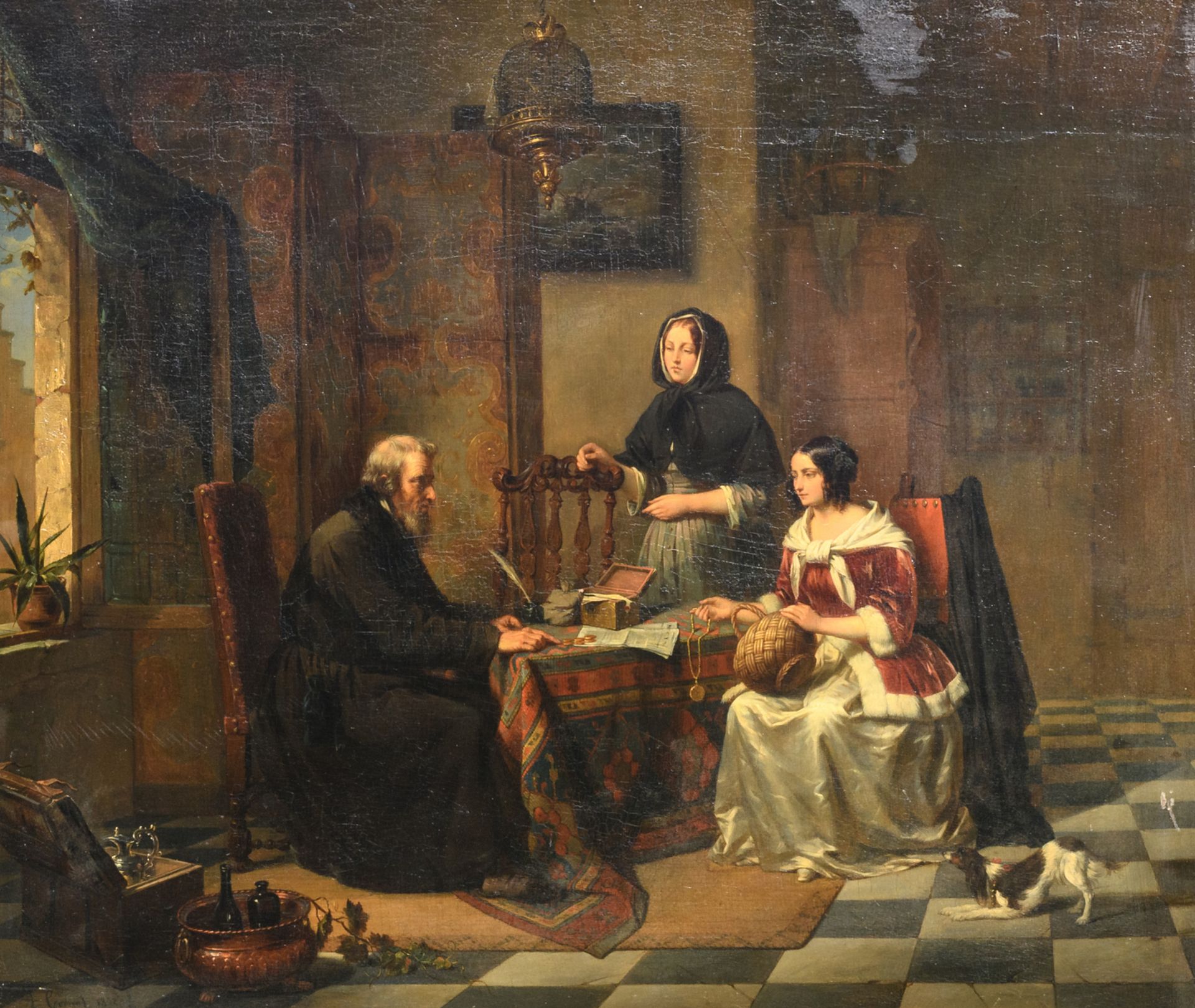 Cornet A., 'Chez l'usurier', oil on panel, dated 1852, 55,5 x 63,5 cm
