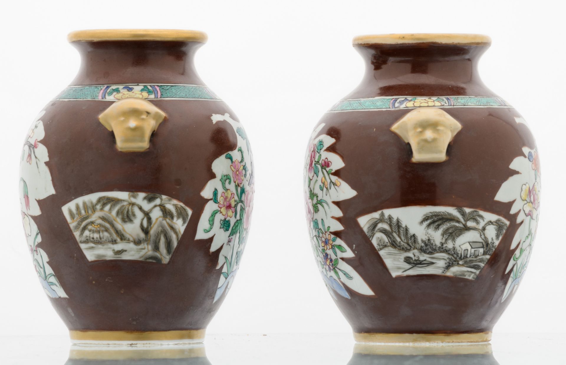 Two Chinese café au lait ground vases, the roundels famille rose, decorated with rocks, flower - Image 4 of 6