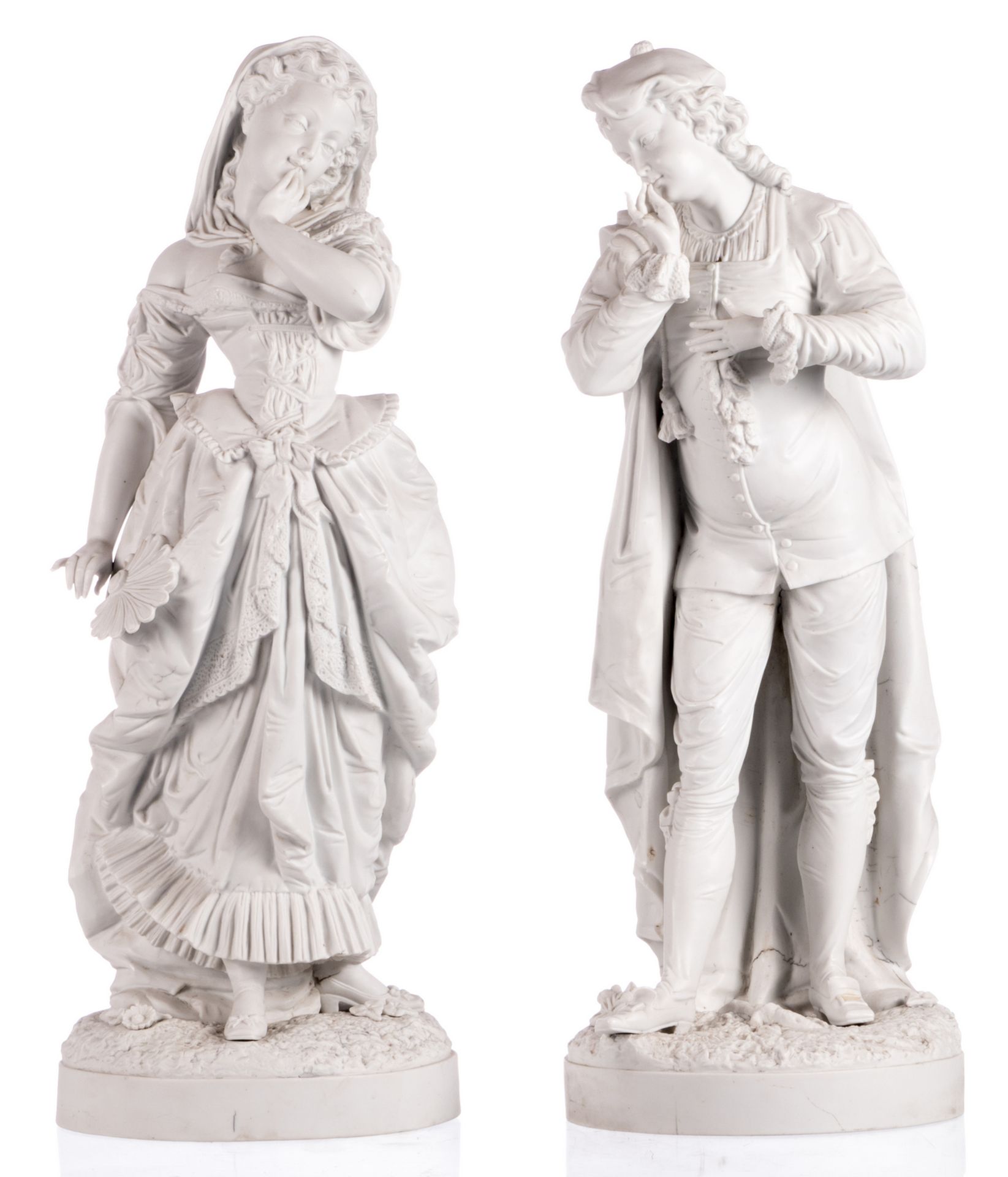 An elegant presumably French biscuit couple, third quarter of the 19thC, H 70,5 cm - Image 2 of 7