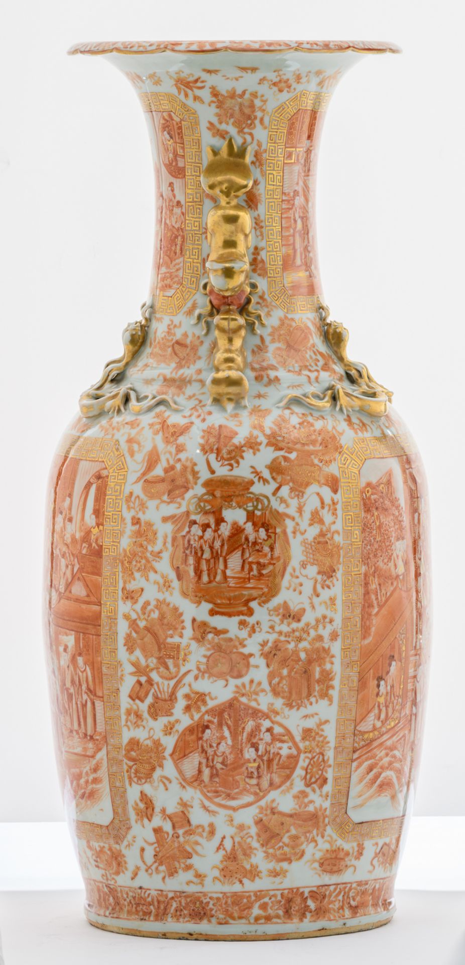 An exceptional Chinese iron red gilt decorated vase with various court scenes, the handles Fu lion - Image 4 of 6