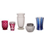 Four vases and one pique fleur, some of which overlay Val-Saint-Lambert crystal cut, H 11,5 - 31 cm