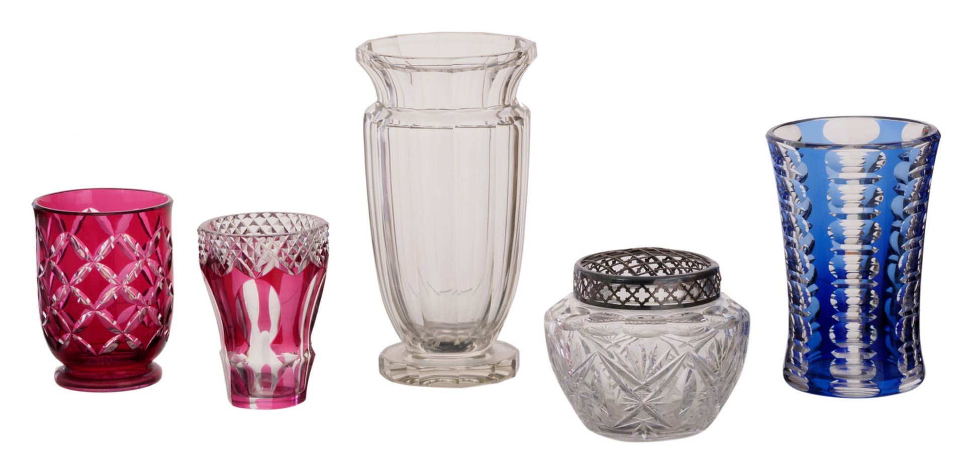 Four vases and one pique fleur, some of which overlay Val-Saint-Lambert crystal cut, H 11,5 - 31 cm