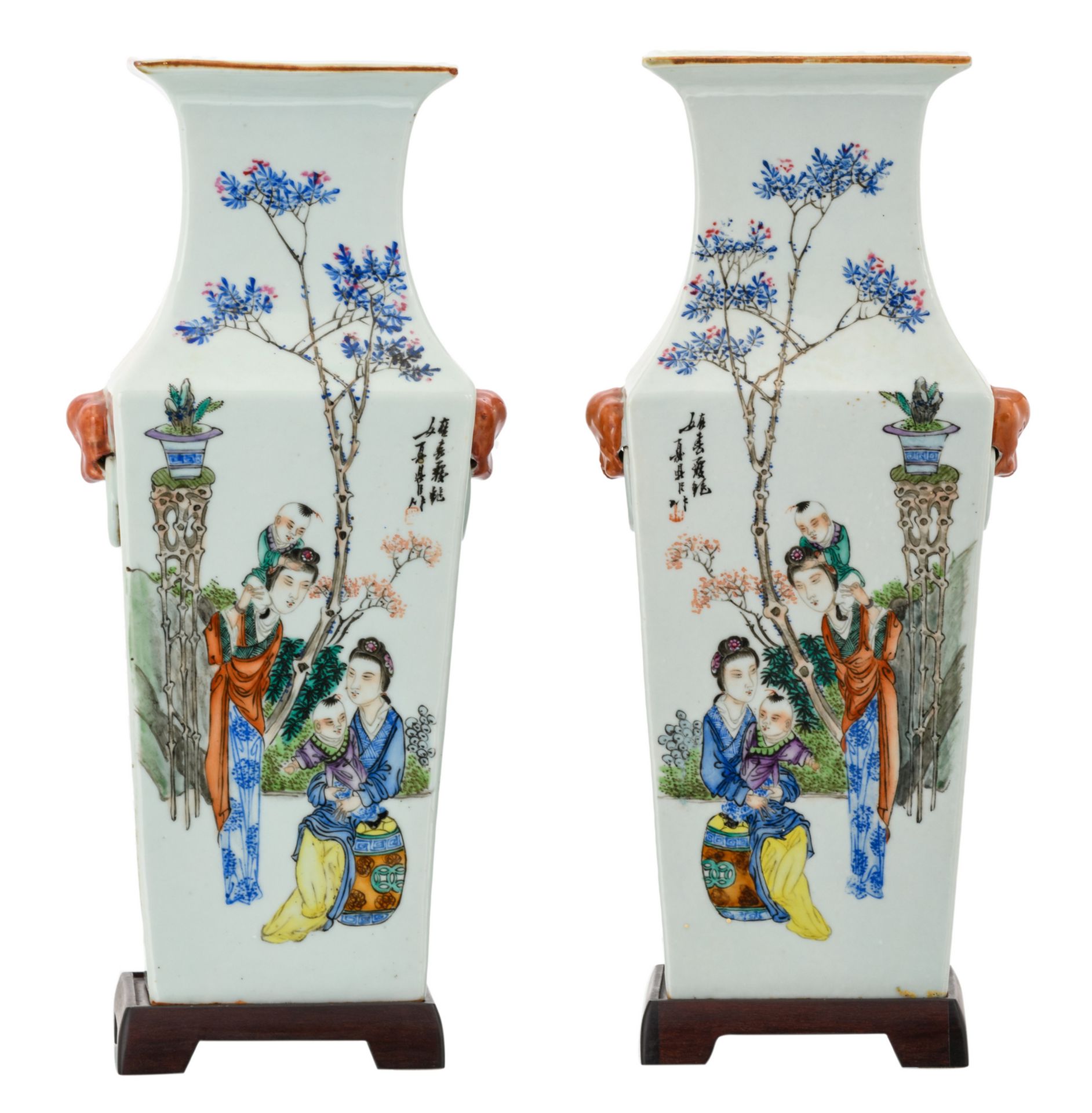 A pair of Chinese quadrangular polychrome decorated vases with animated scenes and calligraphic