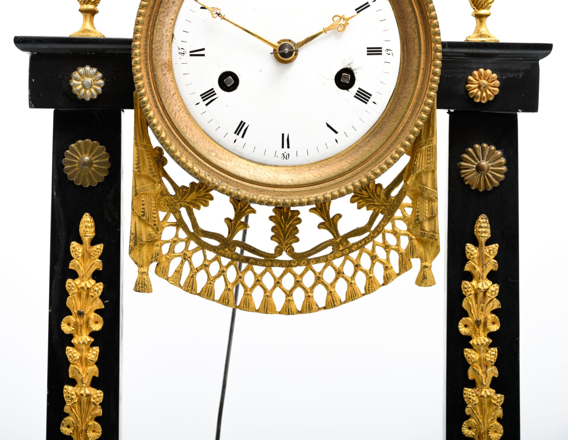 A French mid 19thC gilt bronze Neoclassical Rance and Portor marble portico clock, H 44 cm - W 25, - Image 11 of 12