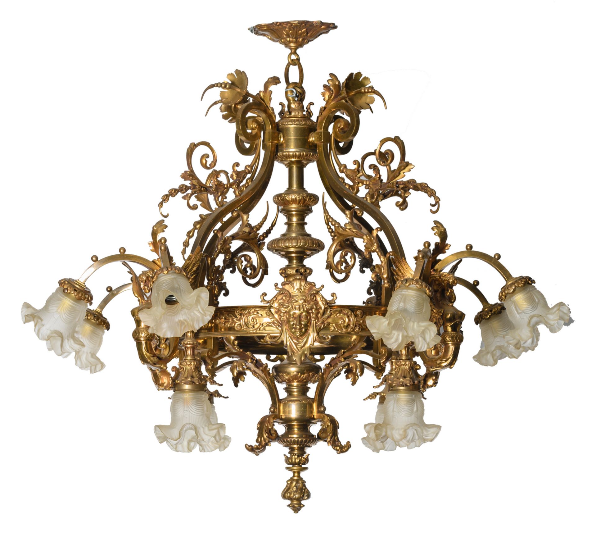 A rustic gilt bronze chandelier, H 96 - W 116 cm