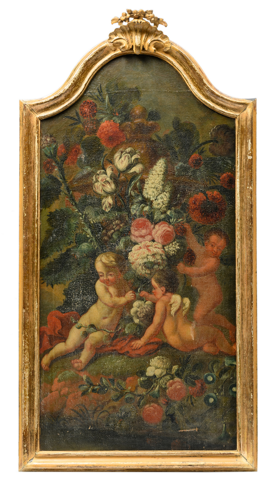 Unsigned, a decorative panel of a wall panelling, oil on canvas, 18thC, in a matching sculpted - Image 2 of 5